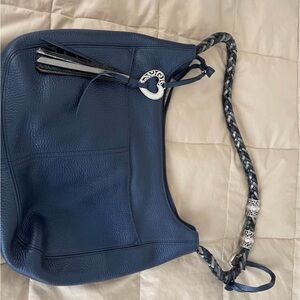 Brighton Dark Blue Leather Shoulder Bag with Braided Strap